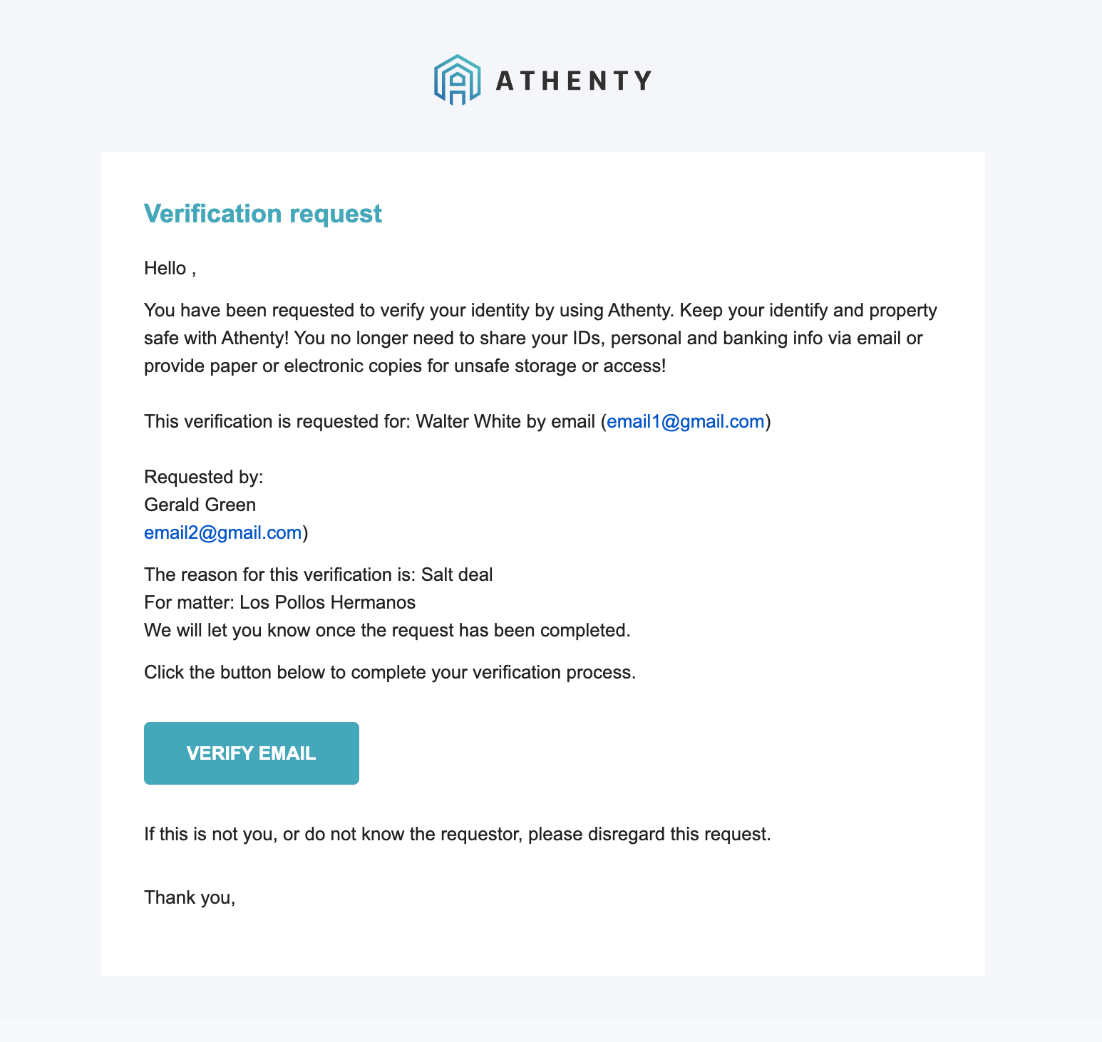 Athenty verification email sent to clients