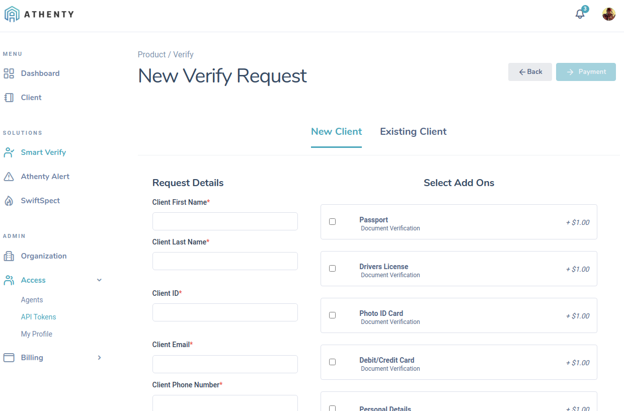 Athenty portal — New Verify Request form