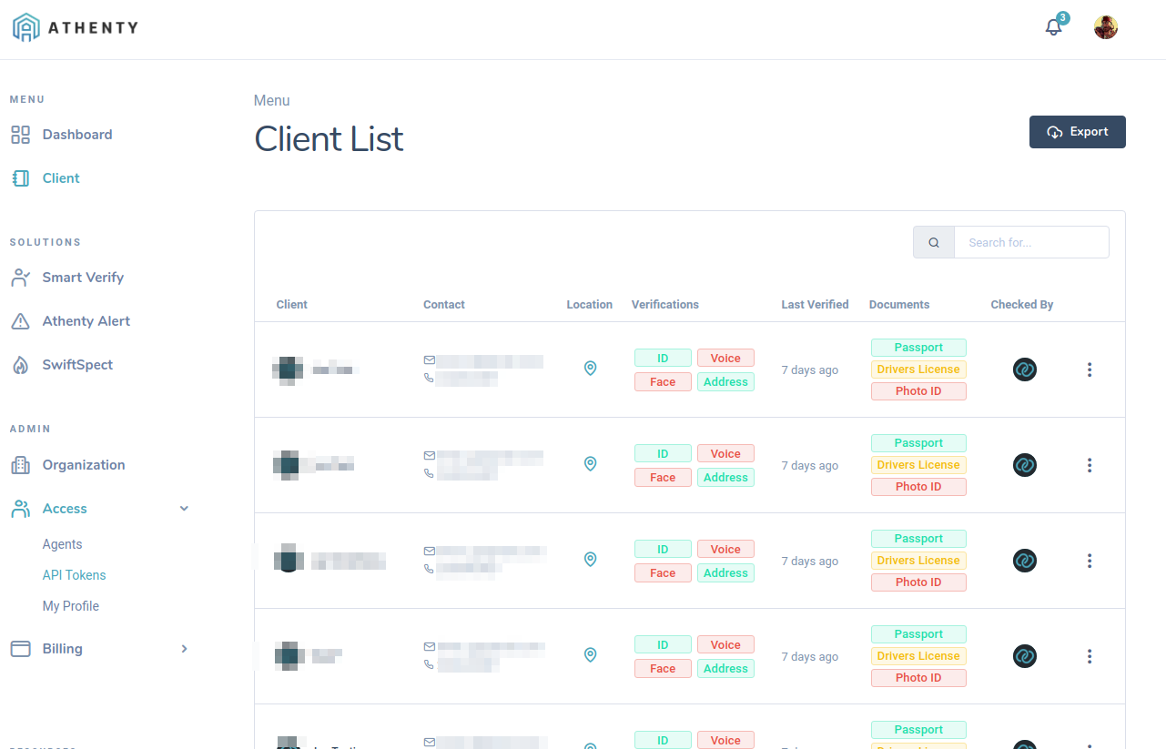 Athenty portal — Client List with verification status